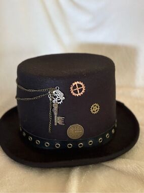 Steampunk Black Top Hat with Gears and Key Accents